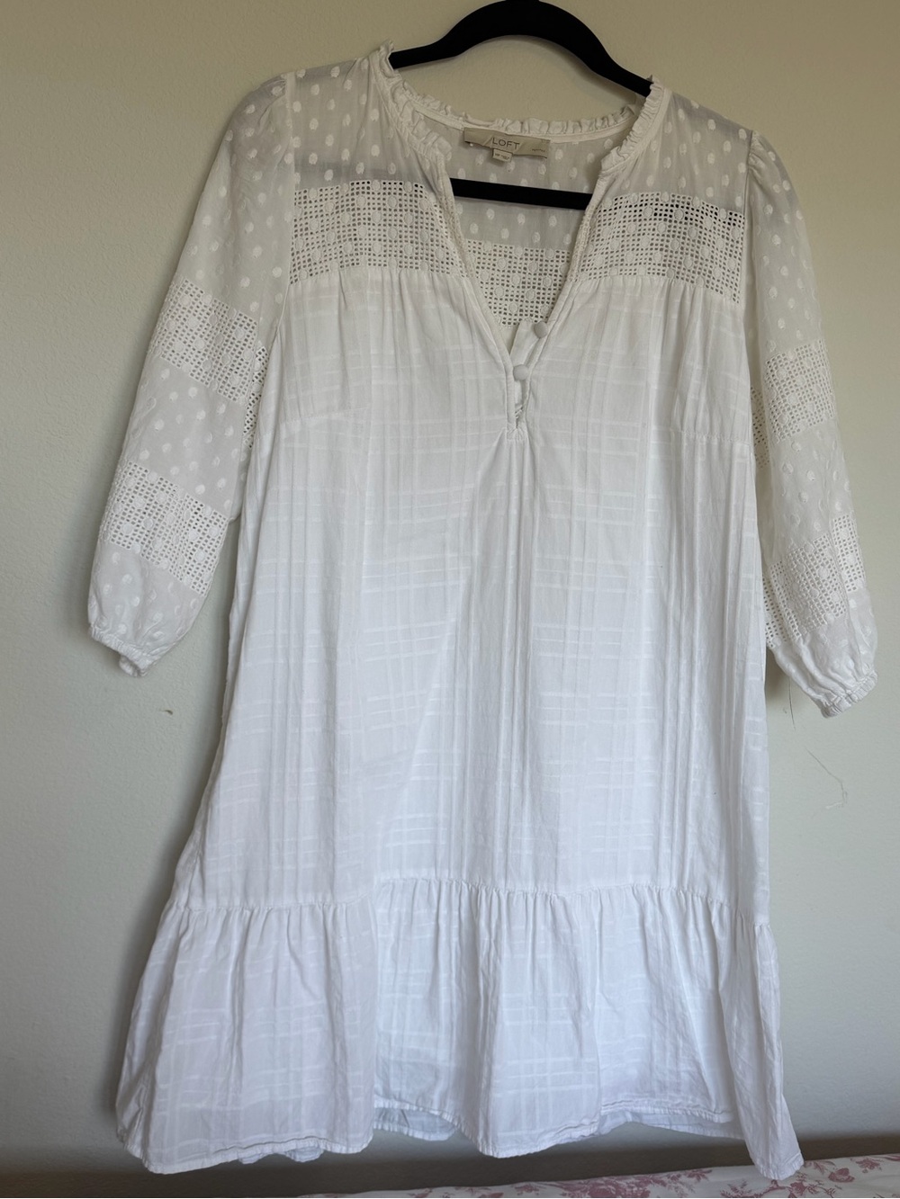LOFT Petite White Swiss Dot Eyelet Lace Peasant Mini Dress MP